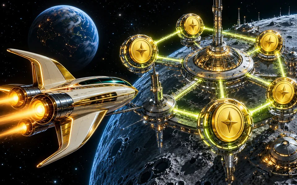 Original retro-futurist spacecraft approaching a moon station linked by gold modules