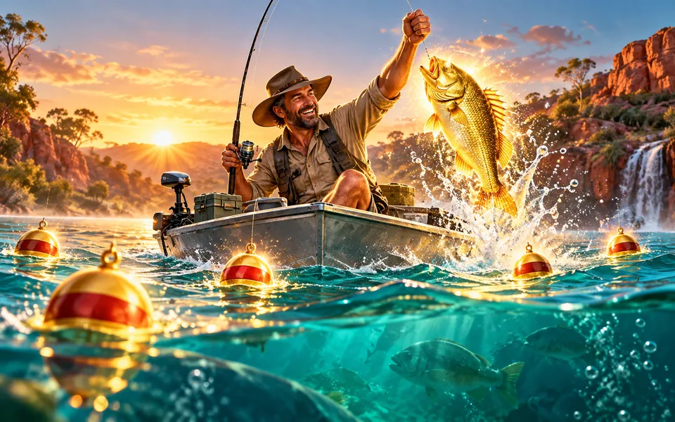 Original Australian angler lifting a glowing golden fish from turquoise water