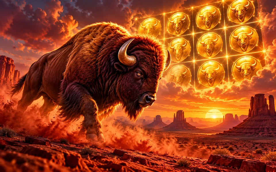Original buffalo charging through desert dust beneath a glowing coin grid