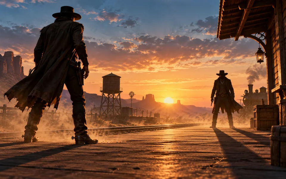 Original silhouettes of two gunslingers facing across a railway platform at sunrise