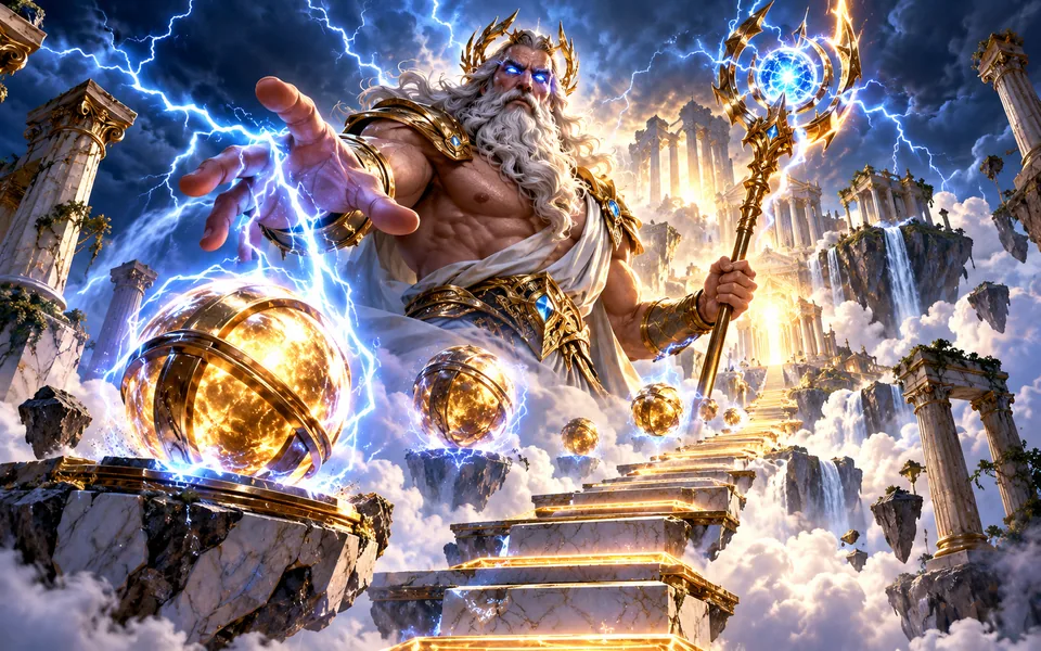 Original concept art of a lightning ruler above floating marble steps