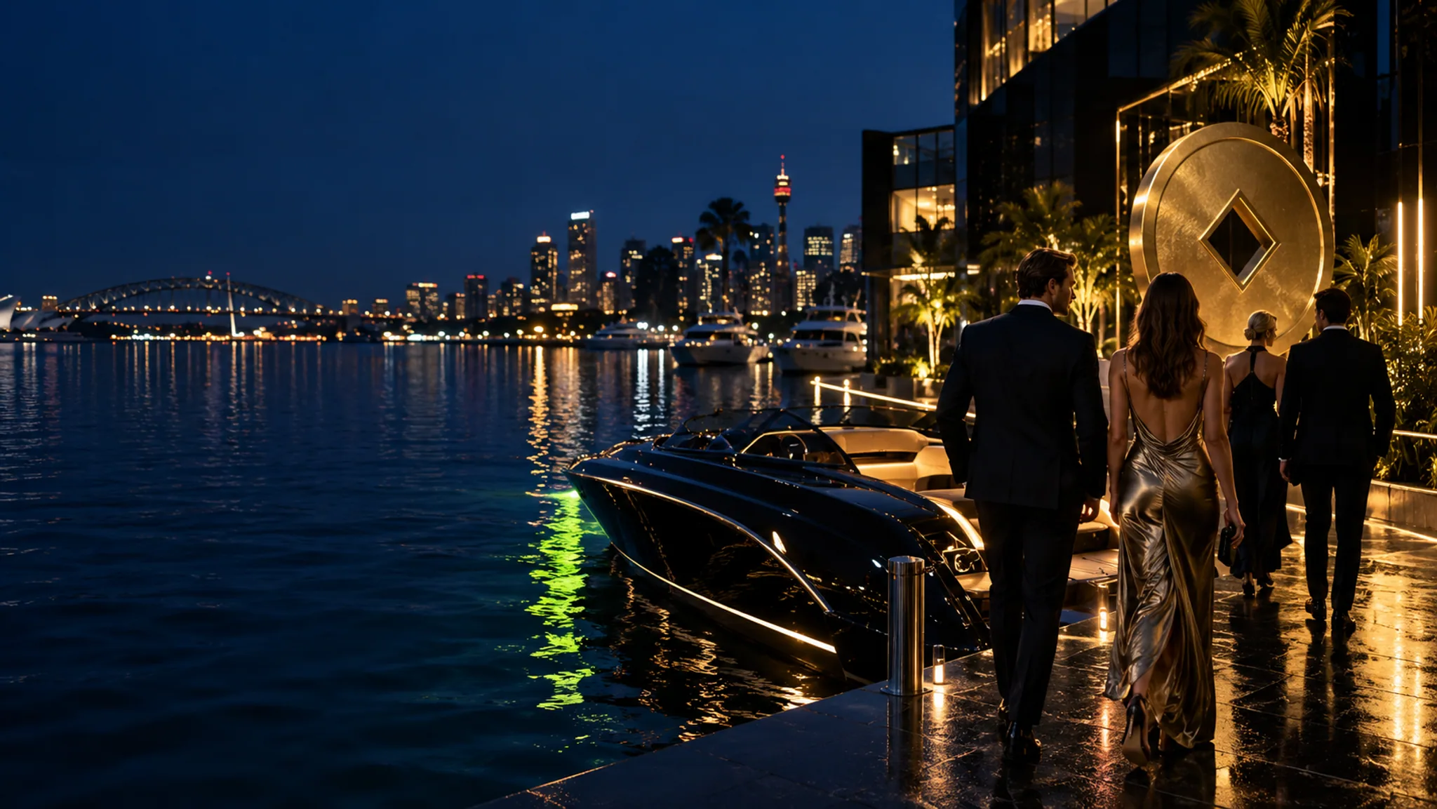 Original editorial image of an elegant group arriving at a midnight Australian marina