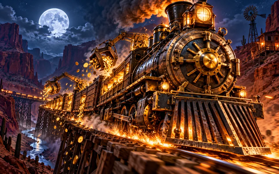 Original armored steampunk locomotive racing through a moonlit canyon